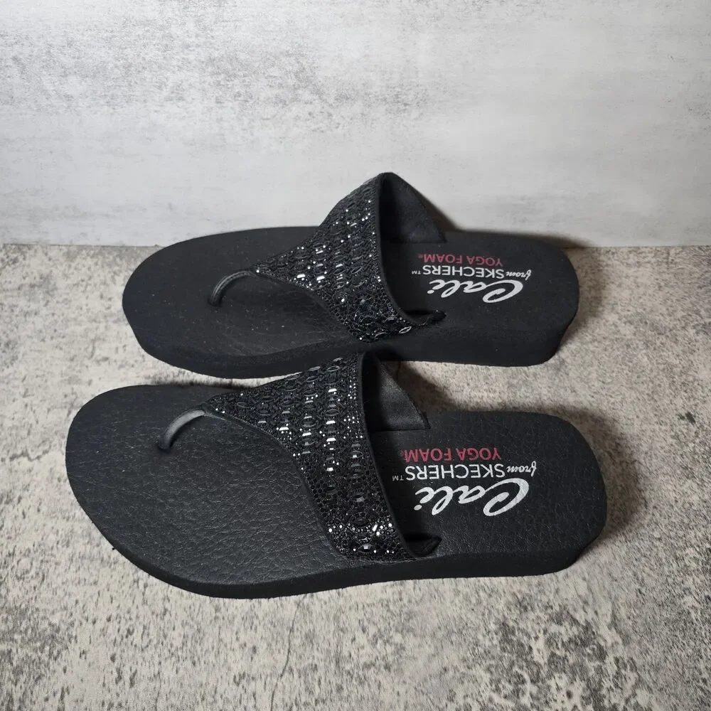 Skechers Women's Cali Vinyasa Flow Black Wedge Sandals - Size 9.5 Glitter
